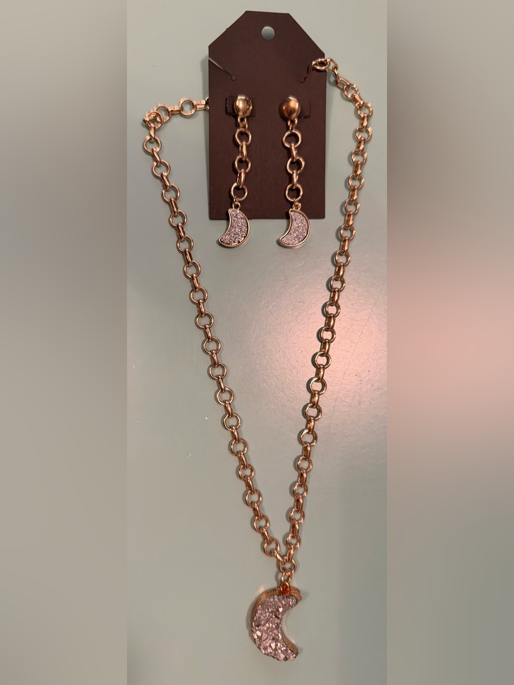 Gold, Silver Druzy Moon Pendant Necklace with Matching Dangle Earrings